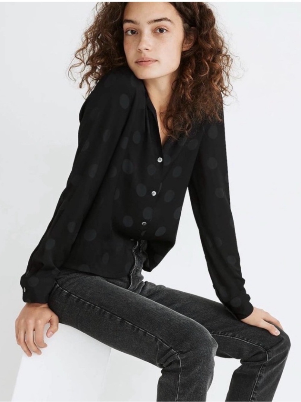 Madewell Like New Cropped Black Jacquard Dot Button Down Sz XS Bin